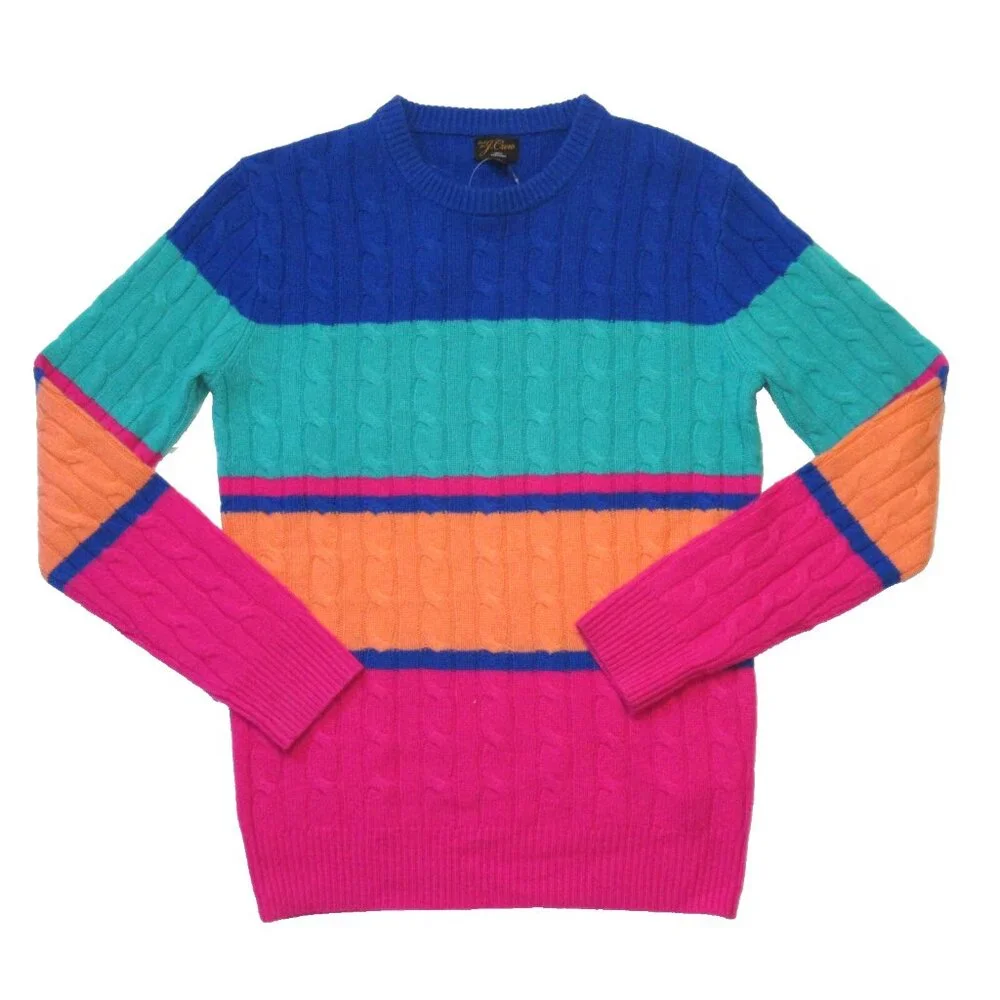 NWT J.Crew Men's Cashmere Cable-knit Sweater in Bright Multi Stripe Pullover XS